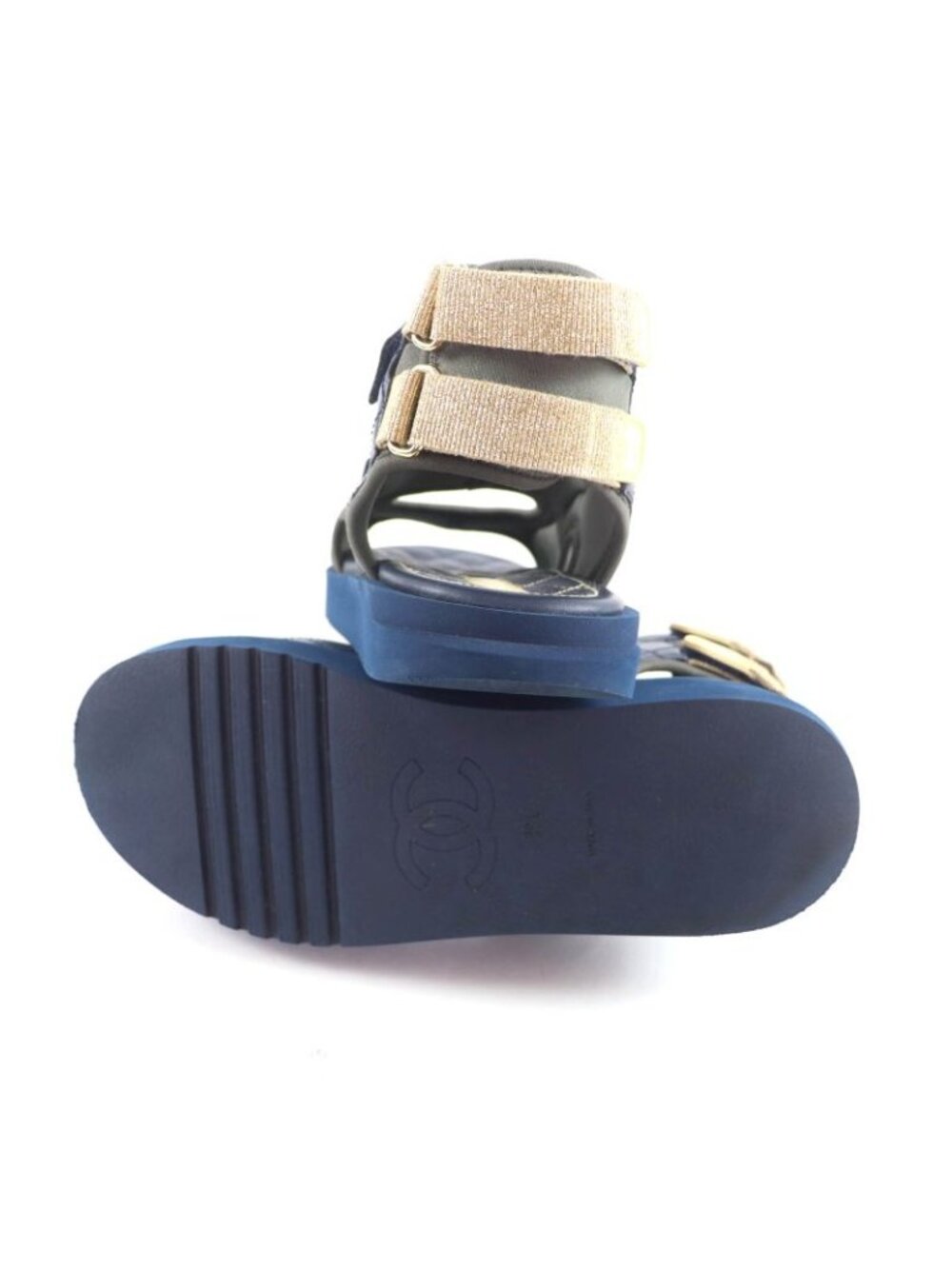 Chanel CC Logo Quilted Velcro Fabric Leather Sandals Khaki Navy 39 - Picture 7 of 16